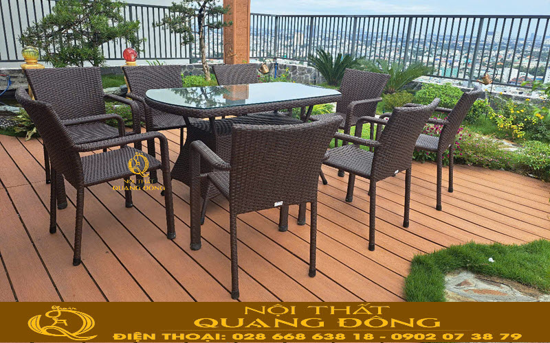 Bộ 1 bàn 8 ghế tạo không gian ngồi rộng rãi cho nhóm khách Bàn ghế mây nhựa QD - 2100 phù hợp cho nhóm bạn và gia đình