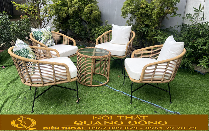 Bàn ghế giả mây QD-2116 có khung bằng thép sơn tĩnh điện chắc chắn