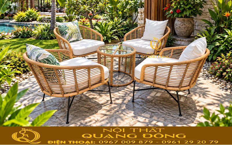 Bàn ghế giả mây QD-2116 tạo điểm nhấn cho không gian quán cà phê