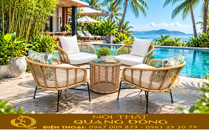 Bàn ghế gải mây QD-2116 thiết kế 4 ghế 1 bàn phù hợp cho nhiều nhóm khách
