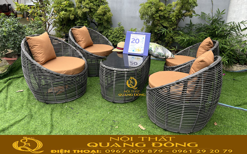 Bàn ghế giả mây QD-2117 dáng ghế hình trứng độc đáo tạo điểm nhấn độc lập trong không gian
