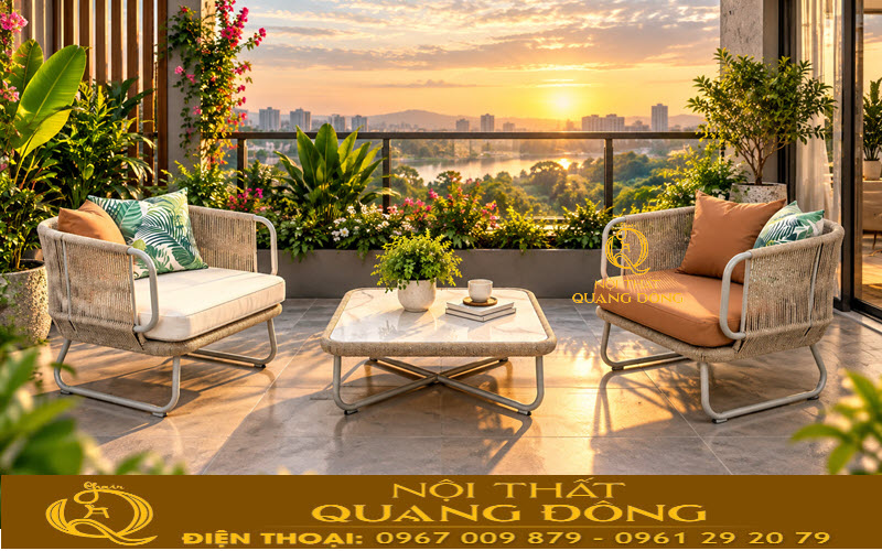 Bàn ghế giả mây QD-2118 sử dụng khung thép sơn tĩnh điện