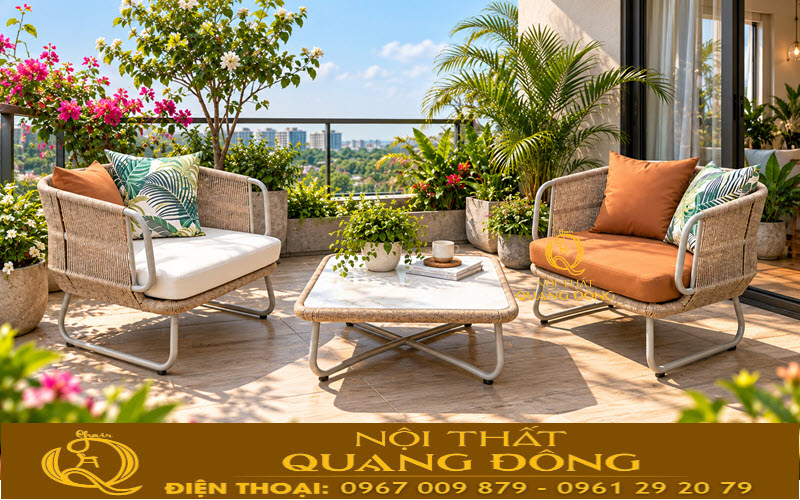 Bộ bàn ghế giả mây QD-2118 sử dụng nệm gối êm ái tăng khả năng thư giãn