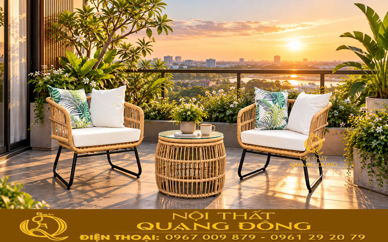 Bàn ghế giả mây QD-2119 sử dụng nệm mousse D25 dày 10cm kèm gối bông gòn êm ái
