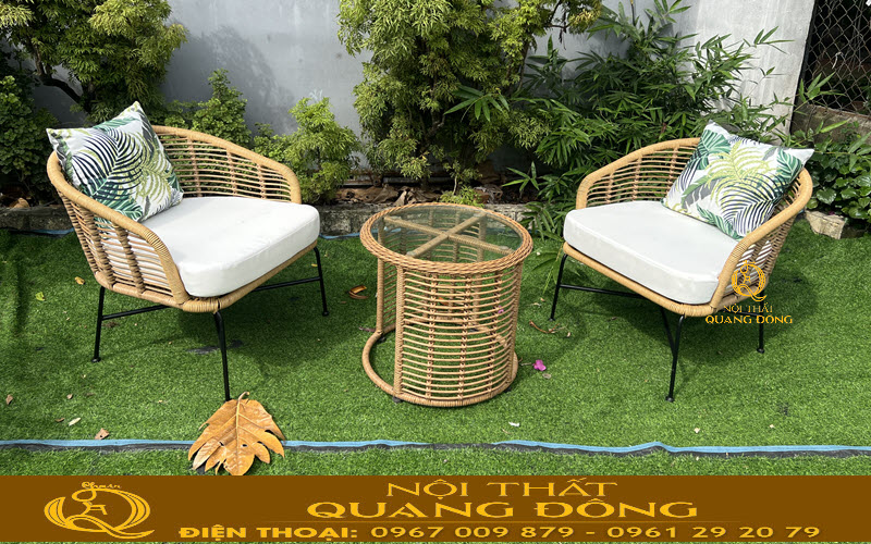 Bàn ghế giả mây QD-2120 sử dụng sợi dây mây nhựa tròn 8ly có phụ gia kháng tia UV