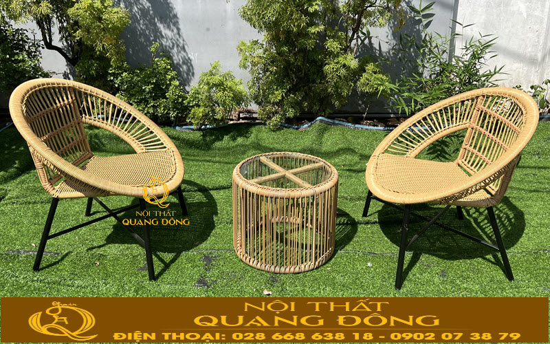 Bộ bàn 2 ghế đan nhựa giả mây sợi tròn kiểu dáng hiện đại đẹp cho ban công sân vườn