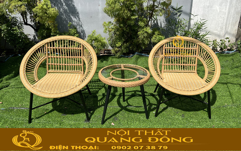 Bàn ghế giả mây đan sợi tròn áp dụng kiểu đan giăng quấn ken thoáng đãng QD-282